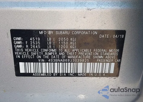 2018 Subaru Legacy 2.5I from USA, damaged, VIN 4S3BNAB68J3039825